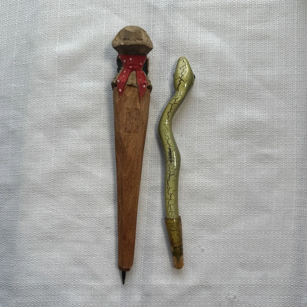 Lot of 2 Vintage Carved Wood Pens – Pirate & Snake Enamel Painted Novelty